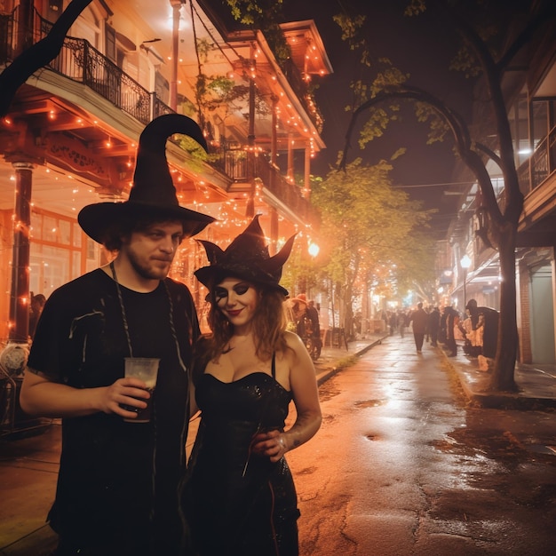 Couple avec des costumes d'Halloween prenant un selfie lors d'une fête célébrant avec des amis à la fête d'Halloween