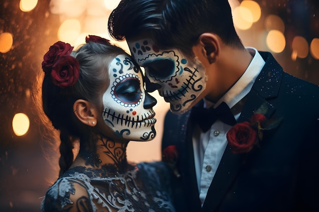Couple avec crâne peint sur son visage Célébration du Jour des Morts du Mexique El Dia de Muertos