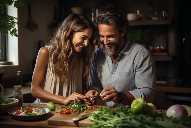 Photo couple cuisinant dans la cuisine