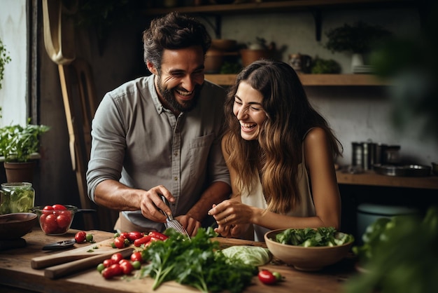 Photo couple cuisinant dans la cuisine