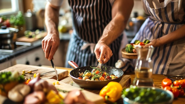 Un couple cuisine ensemble dans la cuisine, ils découpent des légumes et remuent une casserole de nourriture.