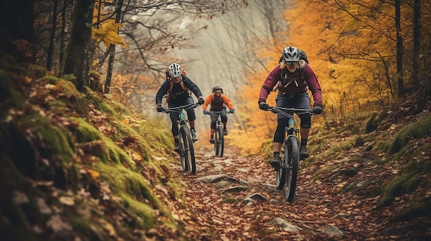 Photo couple de cyclistes de montagne à vélo sur piste cyclable en automne