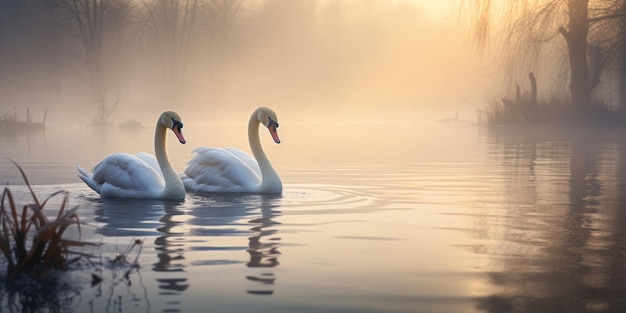 Un couple de cygnes dans le lac avec de la brume le matin