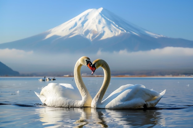 Un couple de cygnes dans la rivière sur le fond de la montagne Fuji