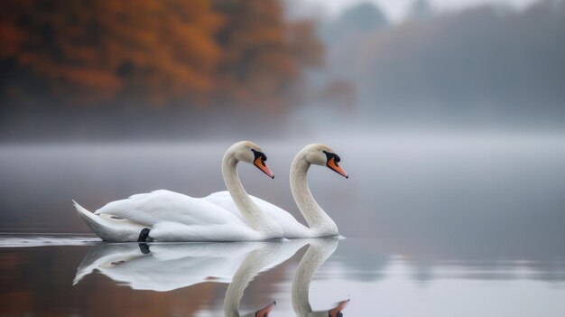 Un couple de cygnes glissent sereinement sur la surface miroir d'un lac tranquille.