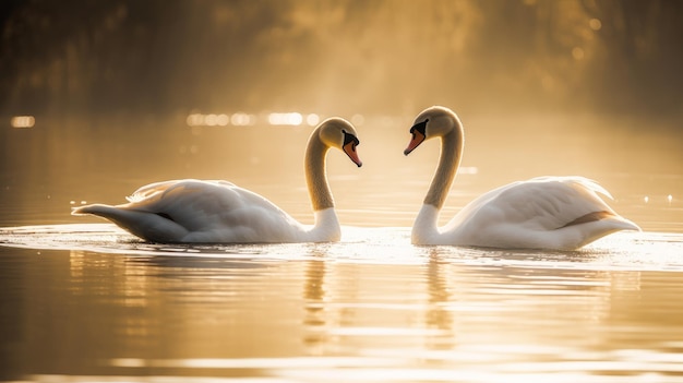 Couple de cygnes sur un lac le matin