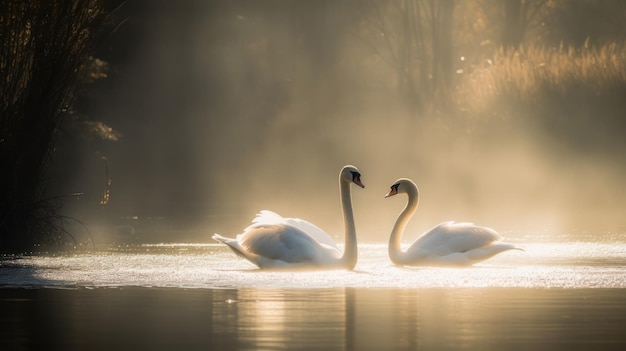 Couple de cygnes sur un lac le matin