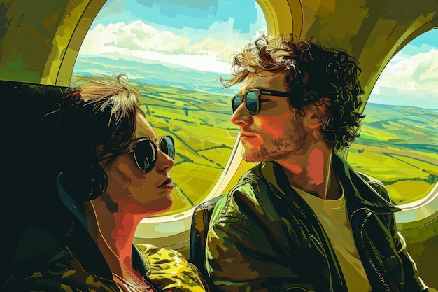 un couple dans un avion volant au-dessus de la campagne portant des lunettes de soleil