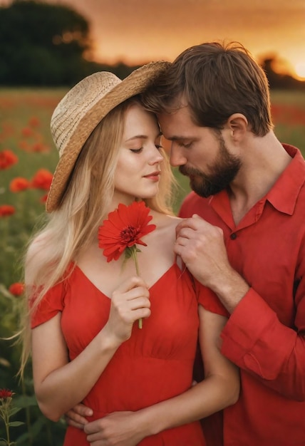 un couple dans un champ de fleurs rouges