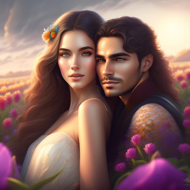 Un couple dans un champ de fleurs