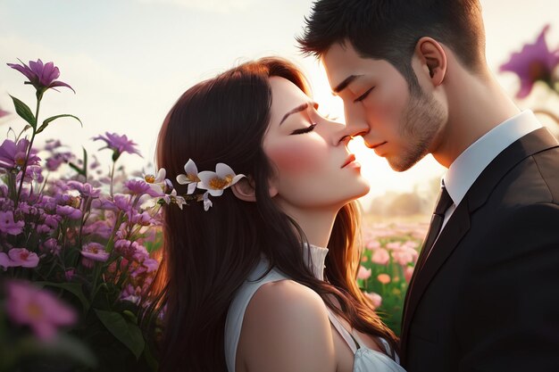 Un couple dans un champ de fleurs