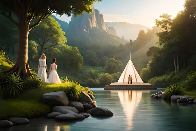 un couple dans une forêt avec un bateau en arrière-plan