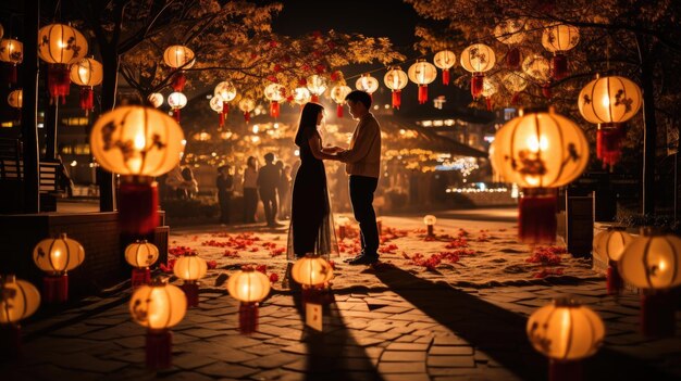 un couple dans un jardin la nuit avec des lanternes et des lanternes