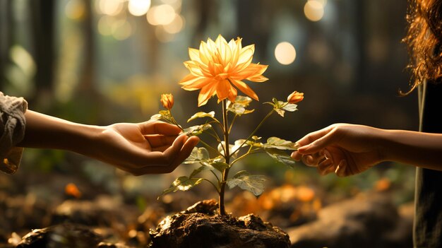 Un couple dans un jardin tenant une seule fleur jaune