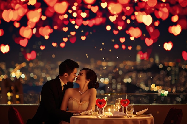 Photo couple dans la nuit de la saint valentin au restaurant romantique célébrant l'amour pragma