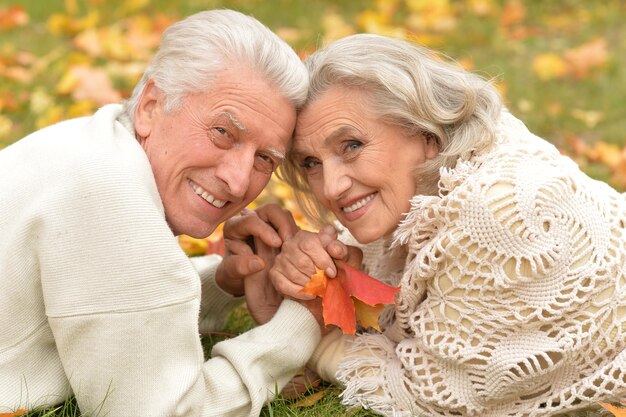 Couple dans le parc d'automne couché