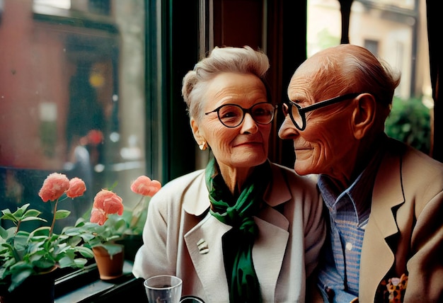 Un couple dans un restaurant avec une fenêtre avec des fleurs en arrière-plan.