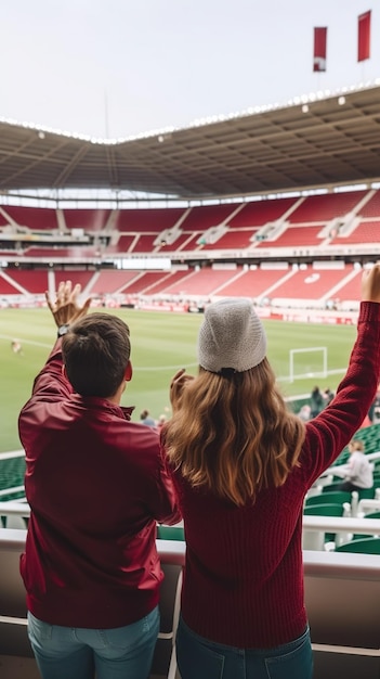 Un couple dans un stade avec des sièges rouges