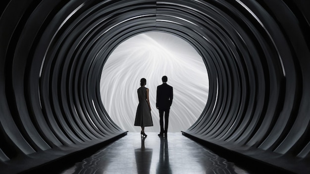 Un couple dans un tunnel avec un fond blanc