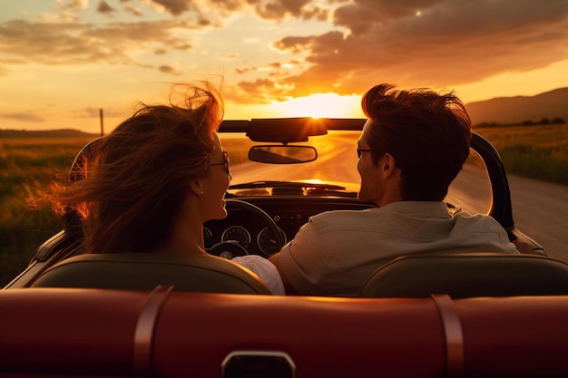 Photo un couple dans une voiture décapotable avec le soleil qui se couche derrière eux