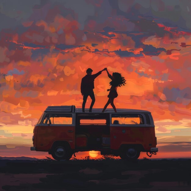 Un couple dansant sur un camping-car au coucher du soleil dans le style du pop.