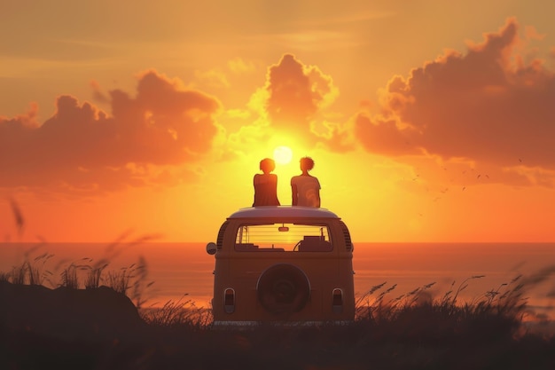 Un couple dansant sur un camping-car au coucher du soleil dans le style du pop.