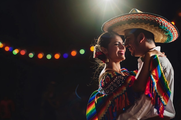 Un couple dansant en costumes traditionnels mexicains Cinco de Mayo à l'arrière-plan avec un espace de copie