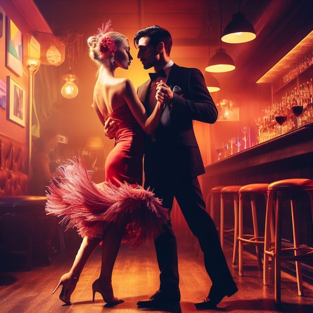 couple dansant dans un bar faible lumière atmosphère vintage romantique