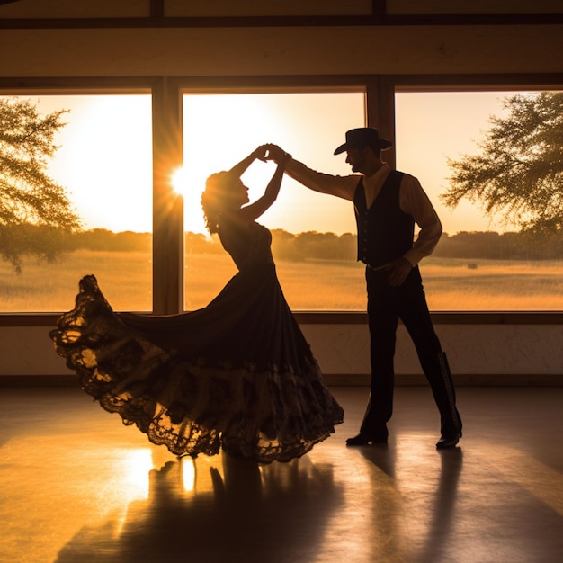Photo un couple dansant dans un studio de danse avec une fenêtre derrière eux.