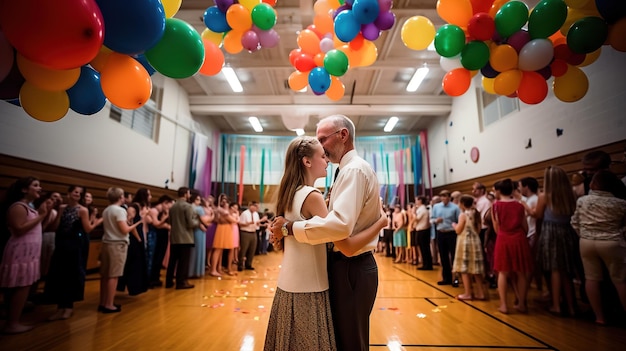 Un couple dansant sur une piste de danse avec des ballons en arrière-plan