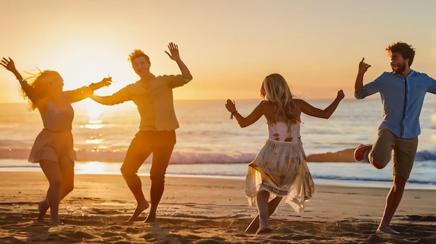 un couple dansant sur la plage au coucher du soleil