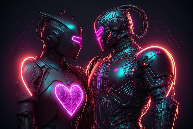 Photo couple de danseurs de styles cyberpunk fabriqués à partir d'un costume de ninja cyber machine, néon brillant. ia générée