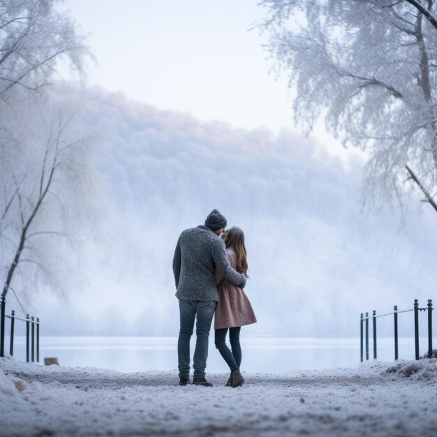 Un couple en date dans une promenade d'hiver photo de haute qualité