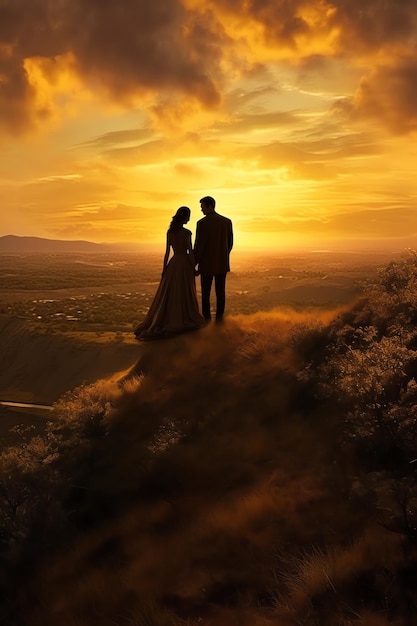 Un couple debout sur une colline regardant le coucher du soleil