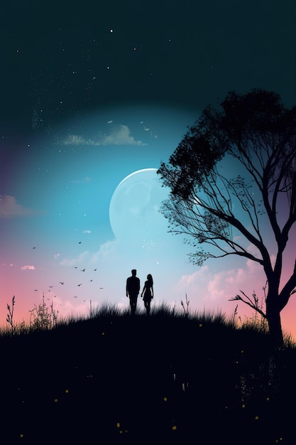 Un couple debout sur une colline regardant la lune