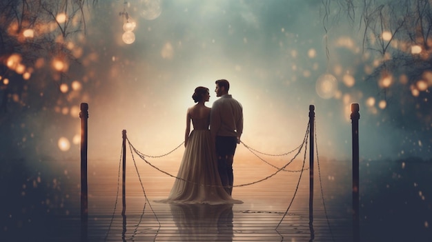 Un couple debout devant un ciel brumeux