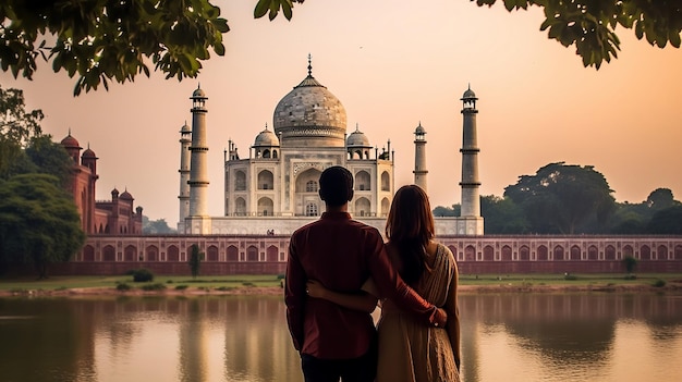 Couple debout devant le Taj Mahal Agra Ai