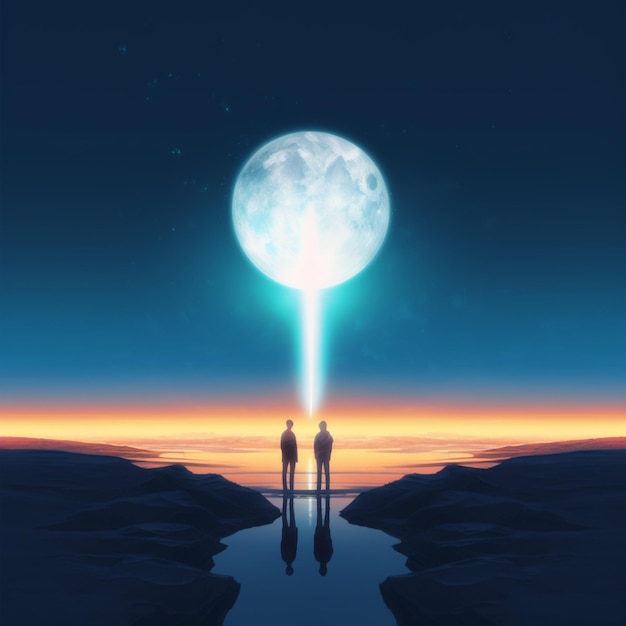 Un couple debout sur une falaise regardant la lune avec un faisceau lumineux venant du sol.
