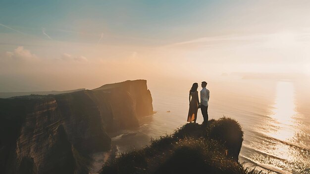 Photo un couple debout sur une falaise regardant l'océan le soleil se couche et le ciel est un orange doré chaud