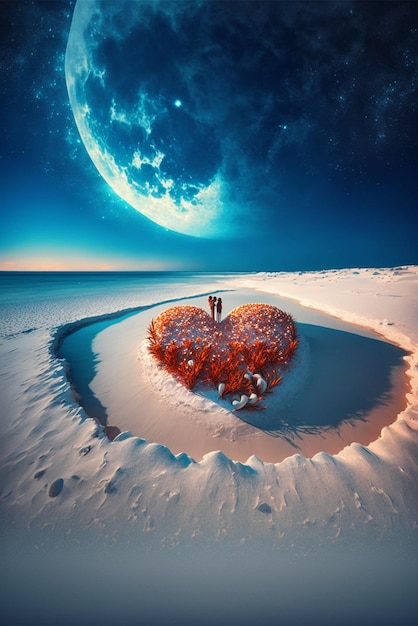 Couple debout sur une île en forme de coeur au milieu de l'océan ai générative
