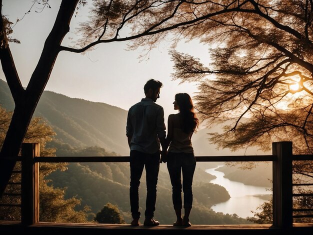 un couple debout sur un pont en train de regarder un lac