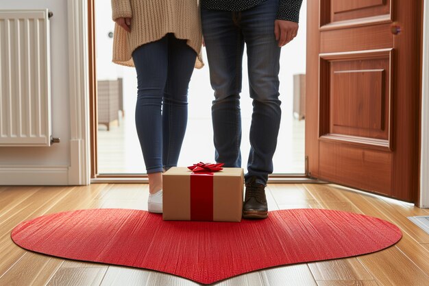 Un couple debout près d'une boîte à cadeaux ouverte sur un tapis rouge.