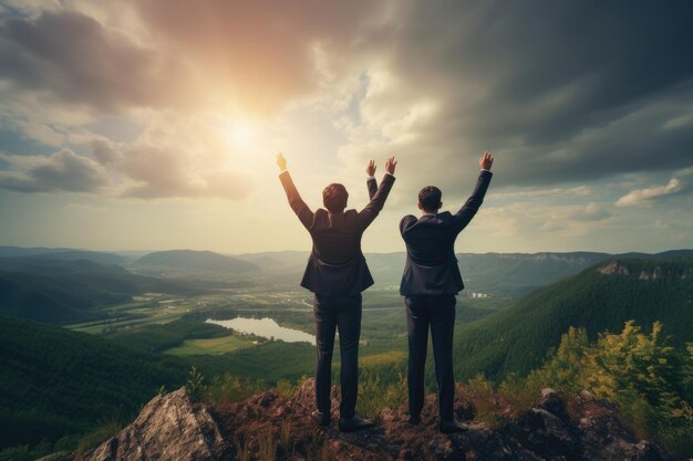 Couple debout sur le sommet d'une montagne profitant de superbes hommes d'affaires prospères levant triomphalement la main au-dessus de leur tête, sans visage visible et avec une belle vue sur la nature générée par l'IA