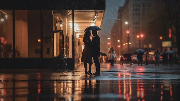 Un couple debout sous la pluie sous un parapluie