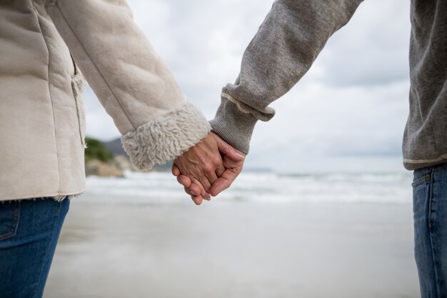 Couple, debout, tenue, mains, plage