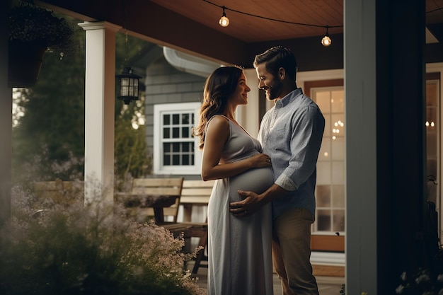 Un couple de débuts chéris envisageant l'avenir de leur nouveau-né sous le porche de Dream Home