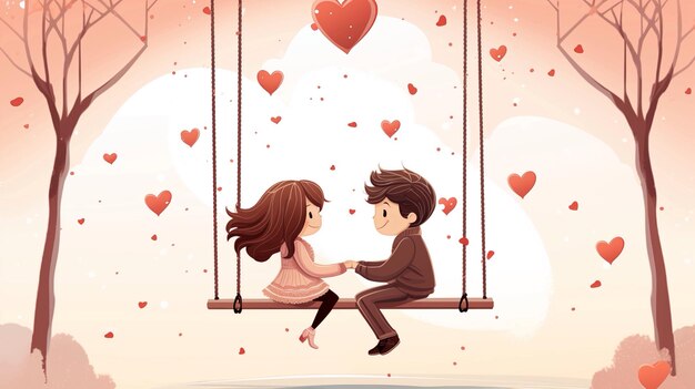 Un couple de dessins animés heureux assis romantiquement se caressant joyeusement