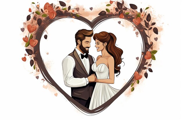 Photo couple de dessins animés à l'intérieur illustration de cœur floral valentine fond romantique