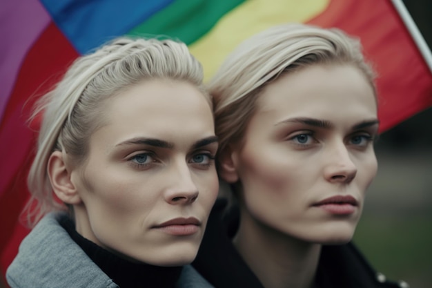 Couple de deux filles blondes posant devant le drapeau arc-en-ciel de la fierté gay