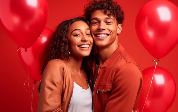 Un couple devant des ballons rouges